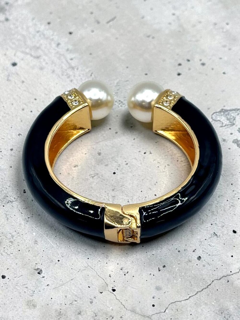 Faux Pearl and Rhinestone Black Enamel Hinged Cuff Bracelet - Picture 3 of 3